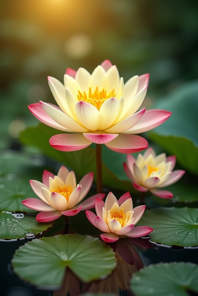 golden lotus, surrounded by six small lotus flowers, ultra high definition image quality -ar 3.4 --5 250