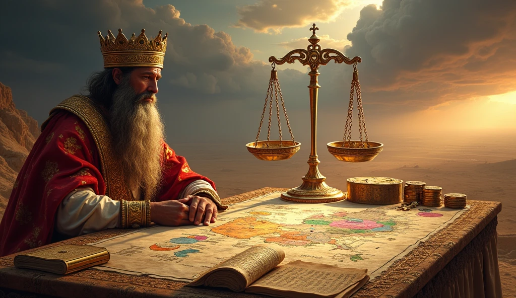 Create an image of Solomon sitting at a table full of documents and resources of different natures, como ouro, lands and goods. Each feature must be connected to a graph or diagram, showing its value over time. over the table, a symbol of a balanced scale should represent the harmony between savings and investment diversification. Ao fundo, show a scene of your kingdom facing different challenges, like a storm or a drought, but with your investments strategically protected and secure.