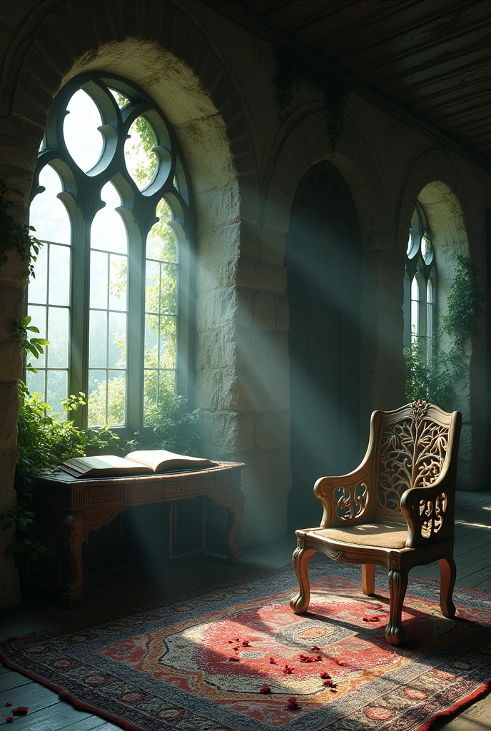 Photo of the interior of a deserted elven cottage. Prise de vue en perspective.