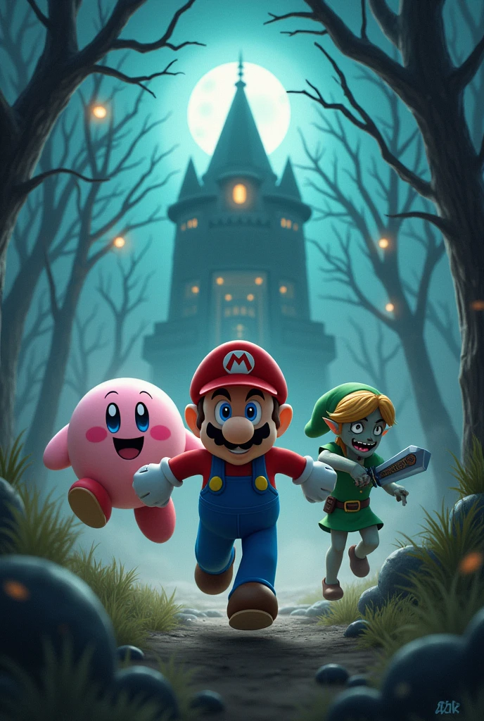 Mario, Kirby and Link run screaming away from the Ghost Tower. Zombie Peach is after them