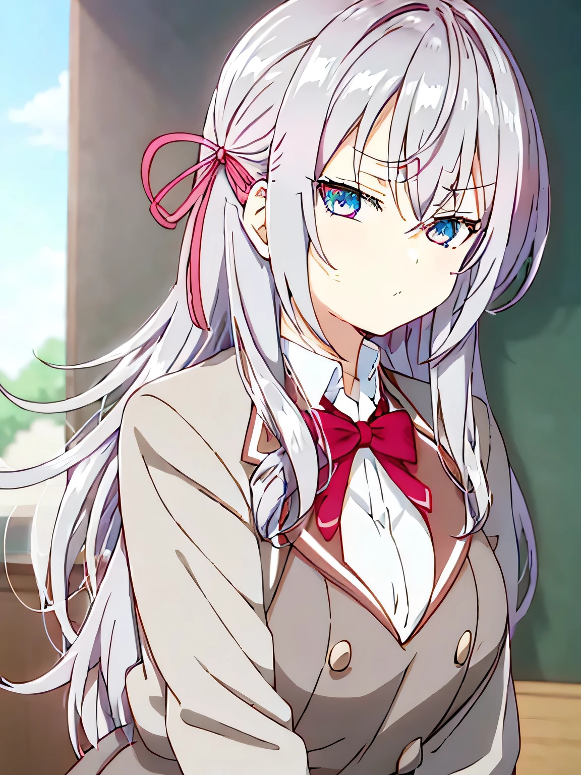 an anime girl with a cute but slightly grumpy expression. She has long, silver-white hair with a faint pink tint, styled straight and cascading down her shoulders. Her eyes are big, A bright blue, with long eyelashes and a serious expression. Her cheeks are slightly flushed, It could be due to shyness or anger. She is wearing a simple white shirt, and has a red ribbon tied on the side of her hair. Her appearance exudes cuteness but also a touch of arrogance or anger. Her arms are posing