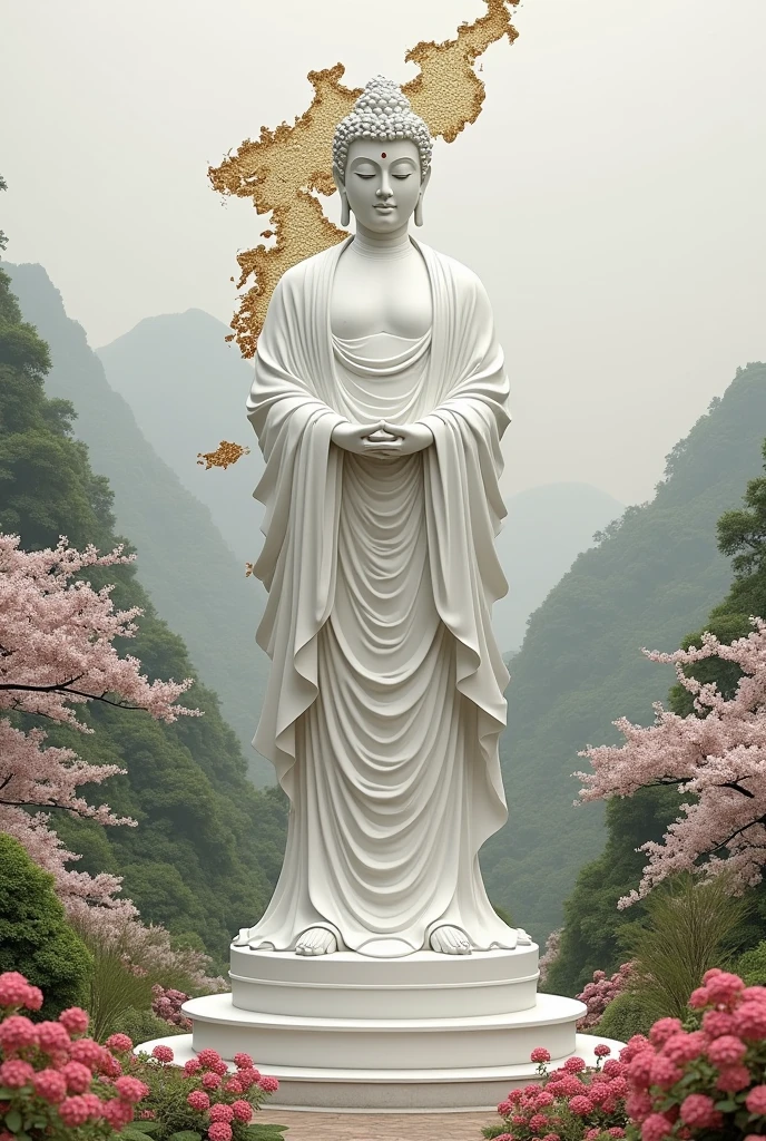 maitreya buddha , white throne god , standing god, flower garden background, korea map background