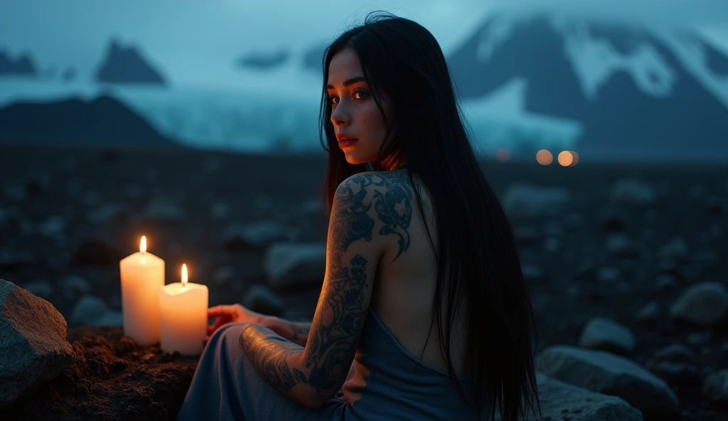 tatuados,Very beautiful big breasts、(Tears),(Back tattoo、Many tattoos on both arms and neck)、 (Late night in Iceland,Spectacular glacier and volcano views),Candlelight only,Very detailed, 21 years old, A beautiful woman,Depressed face, Black Hair,Straight Hair, blue eyes, High resolution, masterpiece, Highest quality, Intricate details, Very detailed, Clear focus, Delicate skin, practical skin texture, texture, Delicate eyes, Professional, 8k, Sad face,despair、 Shot with Canon, 85mm, Shallow and deep, Kodak Vision Color, Exactly, Very detailed, photograph_\(Extremist\), photographpractical, practical, Post-processing, Maximum details, Roughness, Real Life, Extremist practical, Photorealism, photographgraphy, 8k ウルトラ HD, photographgraphy