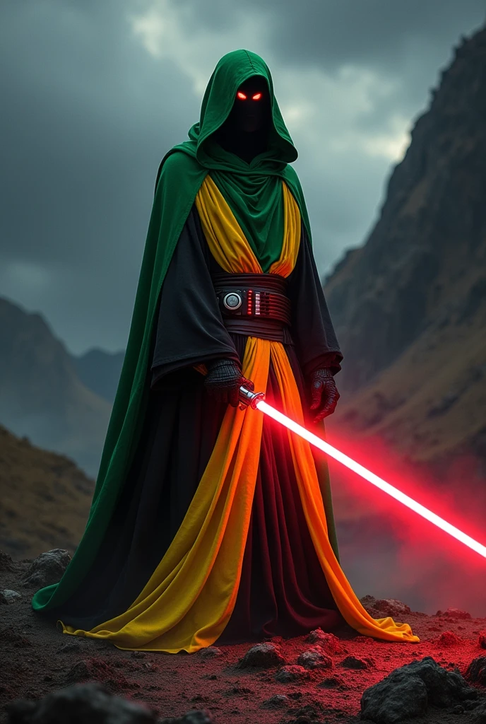 The country Jamaica as a Sith Lord from Star Wars, colors of the flag (green, black, yellow), red lightsaber, scary, frightening, ultra-realistic 