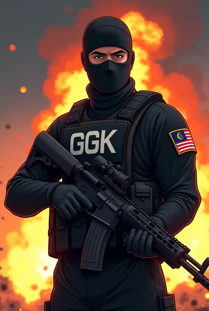 Army special forces in fully black uniform and masked face with glasses. Holding a rifle with fire and bombing behind him. Patch Malaysia flag on his arm and GGK infront of his uniform. Write GGK Infront of the vest and make the picture animated