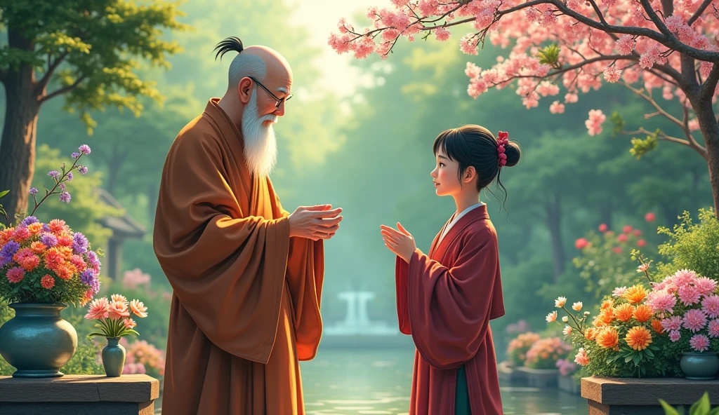 Old chinese monk master standing with his young monk desciple at beautiful garden and they are talking, in anime style, the pot placed at the edge of a flower bed,