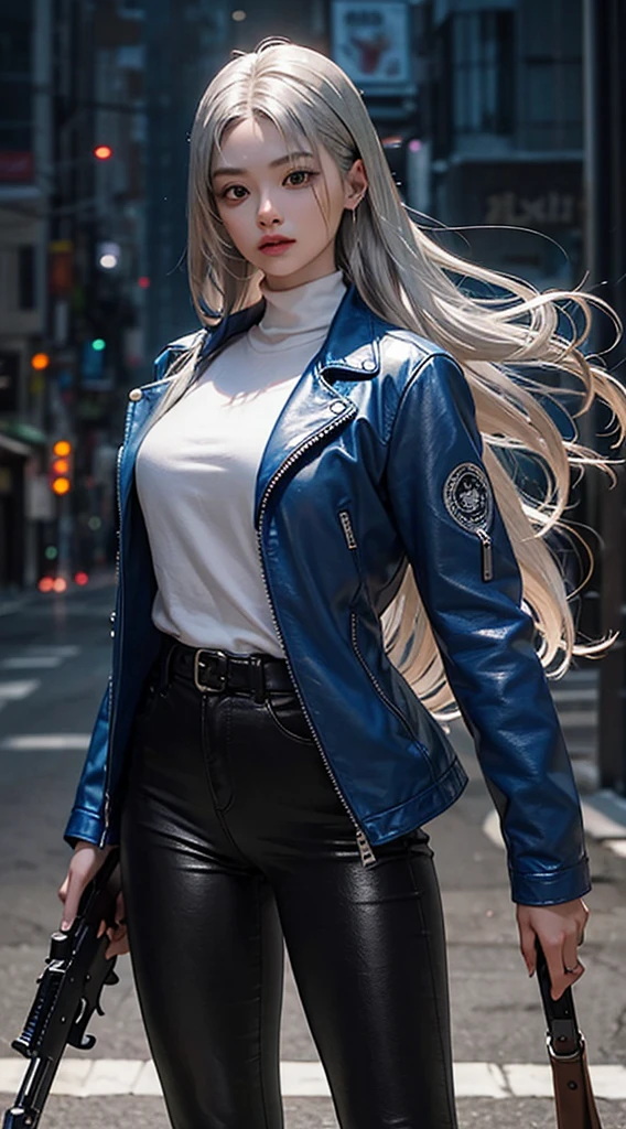 (long silver hair:1.5),Beautiful 25 year old Korean female vampire mercenary, brown skin, (Wearing a blue leather jacket and tight black pants.;1.3), Carrying a rifle, view from the front, waist shot, dynamic pose, Ambient lighting, photographic realism, Intricate facial details, Handcrafted details, very detailed, vivid colors, cinematic, high resolution, Popular styles Raw on Artstation