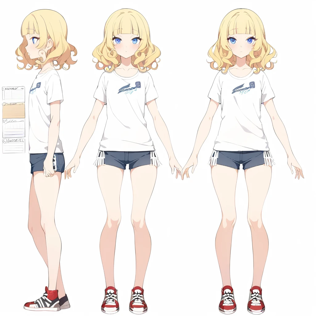 (Blue eyes long eyelashes),(Blonde hair neck length curly wavy hair fringe bangs),t-shirt,wide hips,shorts,sneakers,fullbdody, masterpiece, standing, effeminate, ,boy,solo,flat chested, absurdres,multiple views of the same character,model sheet,chatacter sheet, white background,short hair,plain shirt,