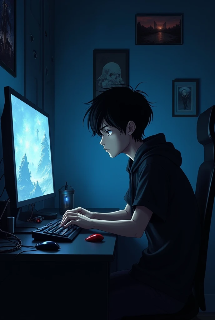 A seventeen-year-old anime guy with thick black hair plays on the computer in his dark room with the curtains closed. he's tall and a little muscular