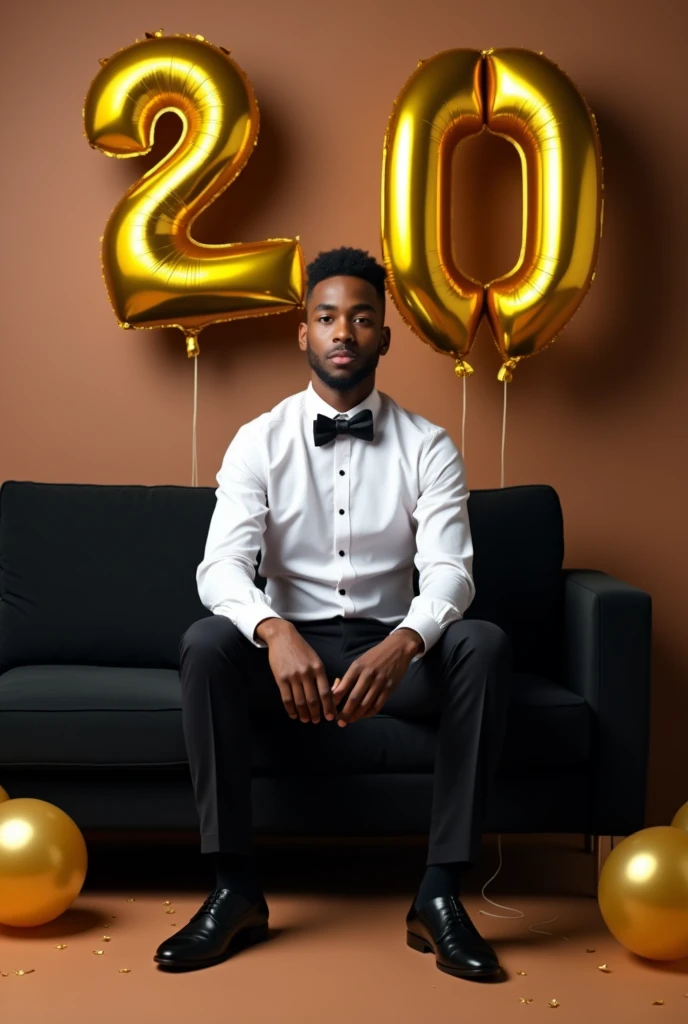 best qualityer:1.4), (ultra high resolution:1.2), (photorrealistic:1.4), (8k, CRU photo:1.2), a thin young man of 20 years old, skin black, with a smooth, beardless face, corte de cabelo buzzcurt. He is wearing a white button-down shirt. He&#39;s wearing a black bow tie. He is wearing black dress pants and black shoes.. He is sitting on the black sofa. is in a photography studio with a brown background. On the wall there are golden balloons in the shape of the number 20. There are golden balloons on the floor 