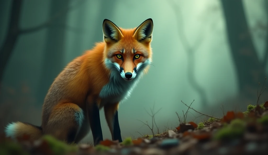FOX WITH TEARS IN THE EYES LOOKING AT THE CAMERA WITH A LOT OF FOG IN THE BACKGROUND AND AROUND