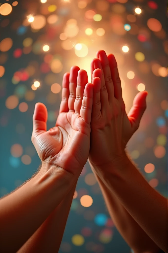 Two hands clapping enthusiastically, palms striking together with a loud, rhythmic slapping sound. The hands are animated, with fingers spread wide and a sense of celebratory motion. The skin tone is a warm, healthy peach color