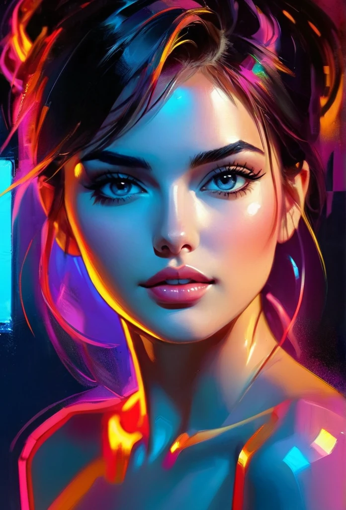 neon light, digital painting, perfect face, glossy skin, conceptual portrait 4k, dynamic lighting, super detail, detailed image, complex background, oil paint, style of Paul Kenton, Jim Mahfood, Henry Asensio,