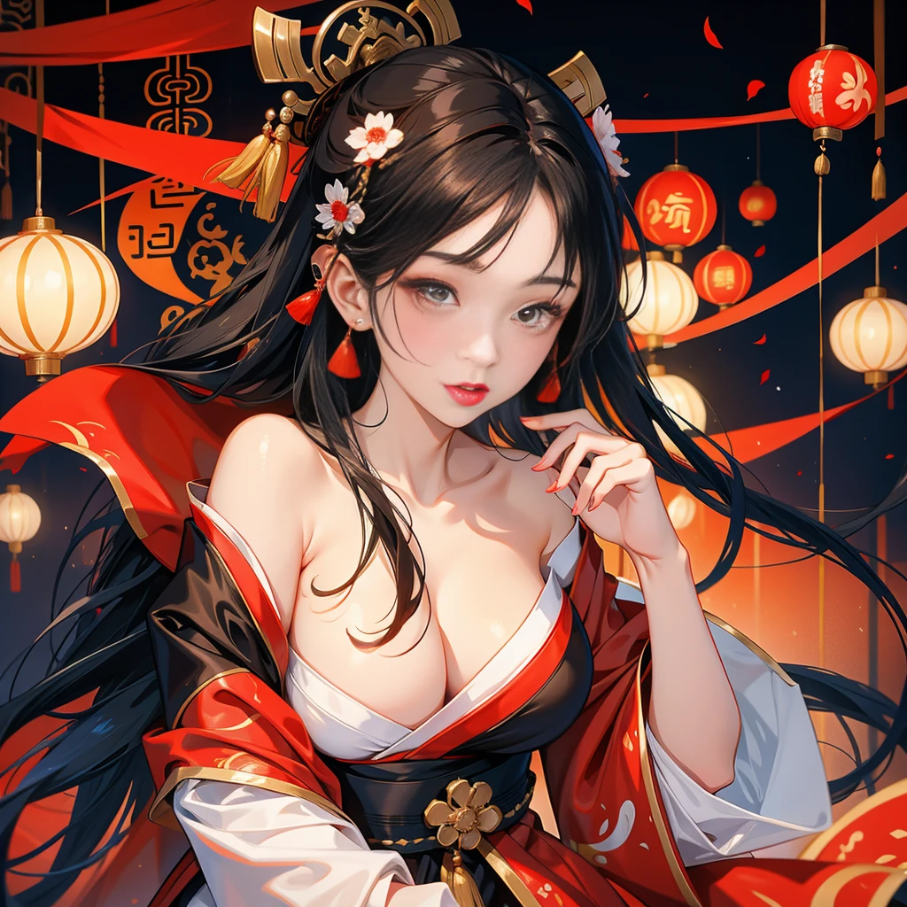 A 20-year-old beautiful ancient Chinese geisha wearing Hanfu reveals her cleavage and dances with a provocative expression. The long-legged black haired female geisha from ancient China 8K Big Breasts Palace