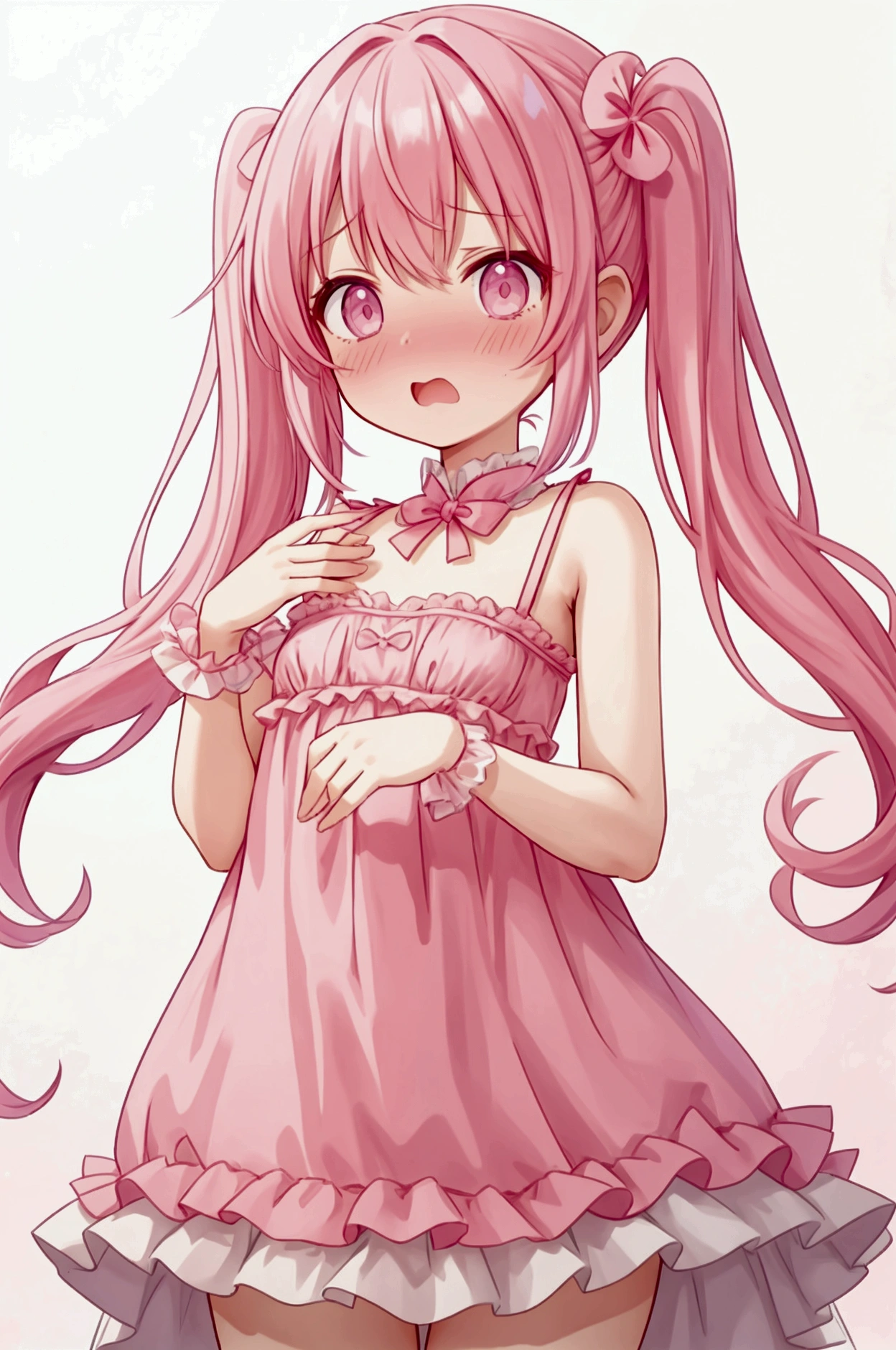 Girl、Vertical Roll、Drill Roll、Twin tails、Pink Hair Color、Embarrassed、Open your mouth、Pink nightgown、Flat Chest、Nipples are visible through the、Pink Panties
