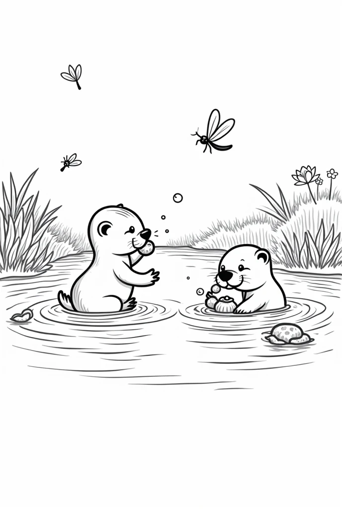 Coloring page for children with otters black and white