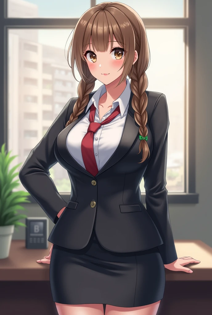 nsfw masterpiece, best quality, 1 girl, solo, teenager, large breasts, light brown eyes, bangs, brond hair, braids hair, office staff suit, jacket, pencil skirt, upper body, standing, office