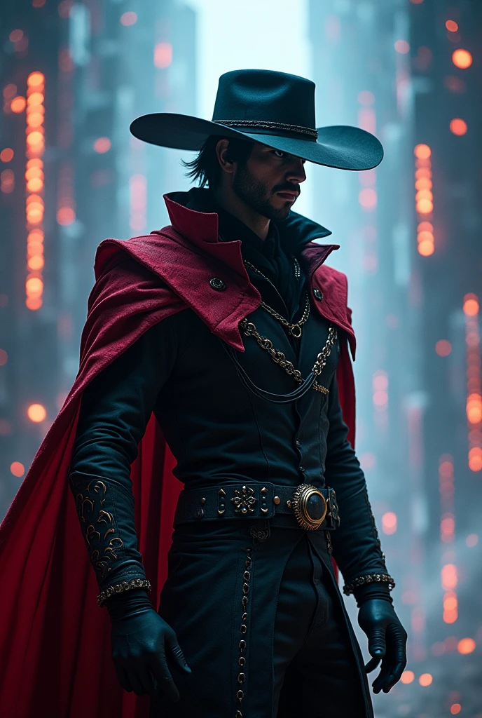 Create an image of an imposing and mysterious male character, dressed in an intimidating outfit and a red cape. The face should be partially covered by a wide-brimmed hat, transmitting an enigmatic air. Ao fundo, there should be a digital landscape with hexagonal texture and glowing lights, Creating a futuristic and technological environment.