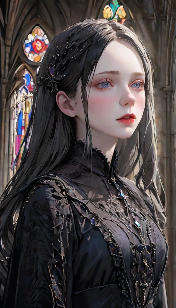 (UHigh resolution, retina, masterpiece, Accurate, Anatomically correct, Textured skin, Very detailed, Attention to detail, high quality, 最high quality, High resolution, 1080p, High resolution, 4K, 8k, 16k), (Beautiful details, Beautiful lip detail, Very detailedな目と顔), Studio Lighting, Physically Based Rendering, Vibrant colors, (Gothic Dress), (Portraiture, Shiny Hair, Shiny skin), [Stained Glass Windows, Bokeh], (incline one's head to the side:1.5), Eye Reflexes, (blush:1.5), (Gothic art, Pale skin, From above:1.5), Monochrome,