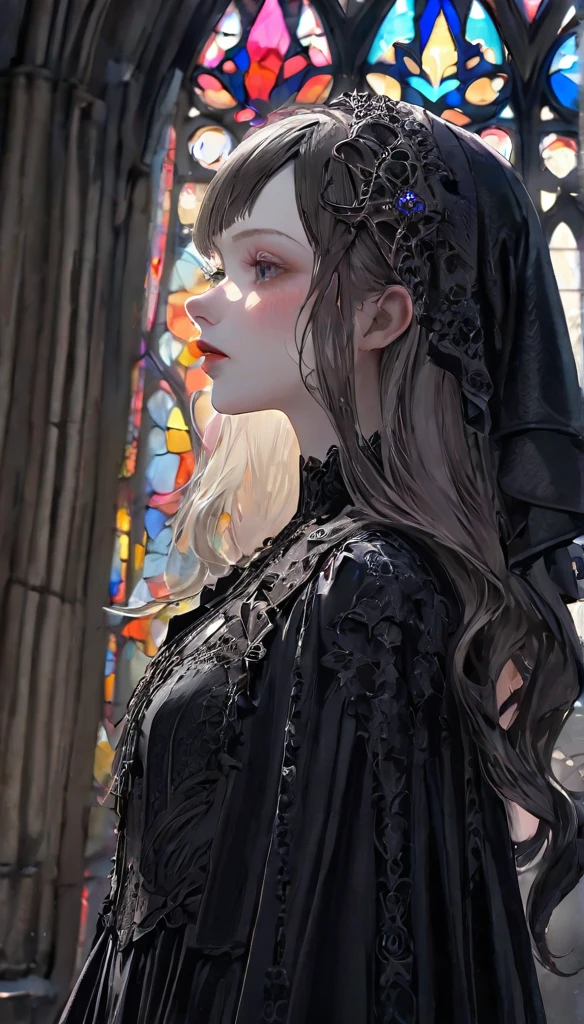 (UHigh resolution, retina, masterpiece, Accurate, Anatomically correct, Textured skin, Very detailed, Attention to detail, high quality, 最high quality, High resolution, 1080p, High resolution, 4K, 8k, 16k), (Beautiful details, Beautiful lip detail, Very detailedな目と顔), Studio Lighting, Physically Based Rendering, Vibrant colors, (Gothic Dress), (Portraiture, Shiny Hair, Shiny skin), [Stained Glass Windows, Bokeh], (incline one's head to the side:1.5), Eye Reflexes, (blush:1.5), (Gothic art, Pale skin, From above:1.5), Monochrome,