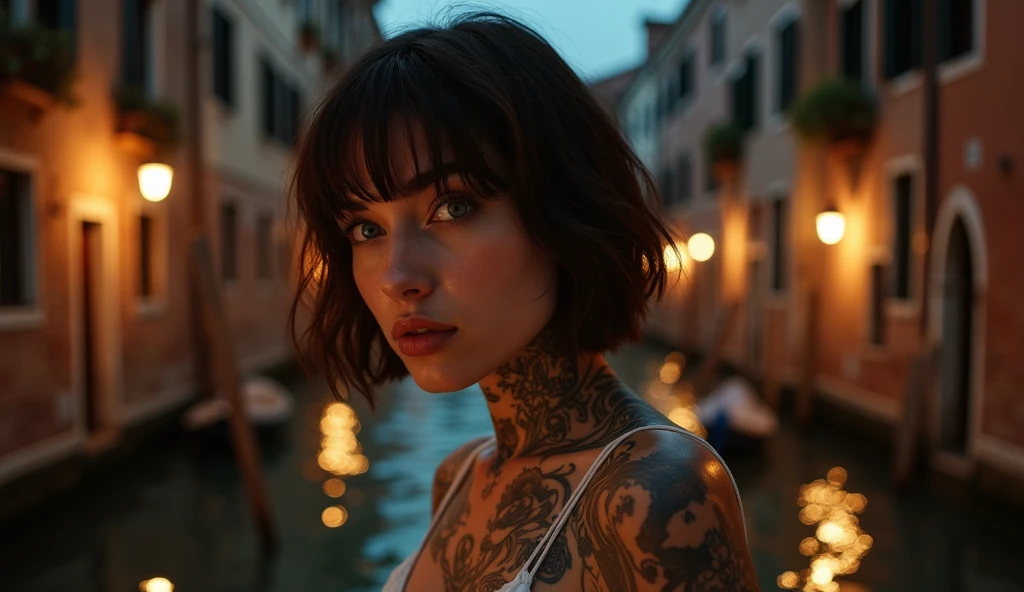tatuados,Very beautiful big breasts、(Tears),(Back tattoo、Many tattoos on both arms and neck)、 (Venice at night,Canals with gondolas and historic buildings),Candlelight only,Very detailed, 21 years old, A beautiful woman,Depressed face, Brown Hair,short hair, blue eyes, High resolution, masterpiece, Highest quality, Intricate details, Very detailed, Clear focus, Delicate skin, practical skin texture, texture, Delicate eyes, Professional, 8k, Sad face,despair、 Shot with Canon, 85mm, Shallow and deep, Kodak Vision Color, Exactly, Very detailed, photograph_\(Extremist\), photographpractical, practical, Post-processing, Maximum details, Roughness, Real Life, Extremist practical, Photorealism, photographgraphy, 8k ウルトラ HD, photographgraphy