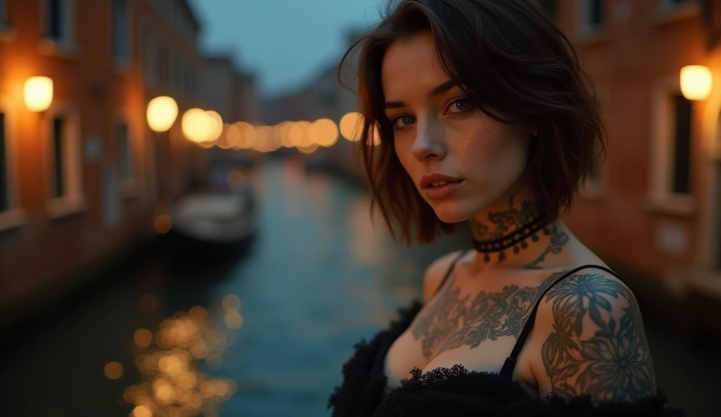 tatuados,Very beautiful big breasts、(Tears),(Back tattoo、Many tattoos on both arms and neck)、 (Venice at night,Canals with gondolas and historic buildings),Candlelight only,Very detailed, 21 years old, A beautiful woman,Depressed face, Brown Hair,short hair, blue eyes, High resolution, masterpiece, Highest quality, Intricate details, Very detailed, Clear focus, Delicate skin, practical skin texture, texture, Delicate eyes, Professional, 8k, Sad face,despair、 Shot with Canon, 85mm, Shallow and deep, Kodak Vision Color, Exactly, Very detailed, photograph_\(Extremist\), photographpractical, practical, Post-processing, Maximum details, Roughness, Real Life, Extremist practical, Photorealism, photographgraphy, 8k ウルトラ HD, photographgraphy