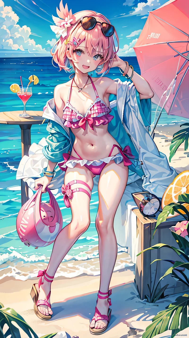 1 girl, :d , beach, summer, bikini, aqua_nails, ball beach, beach_umbrella, beachball, bird, bracelet blonde_hair, cloud, cloudy_sky, cocktail_glass, collarbone, cup, drinking_glass, drinking_straw, eyewear_on_head, flamingo, food, fruit, blue_eye, hair_between_eyes, hair_ornament, hairclip, holding, holding_water_gun, inflatable_flamingo, jewelry, knee_pads, lime_(fruit), looking_at_viewer, multicolored_hat nail_polish, navel official_alternate_costume, outdoors, pink_bracelet, pink_nails, pink bikini, sandals,