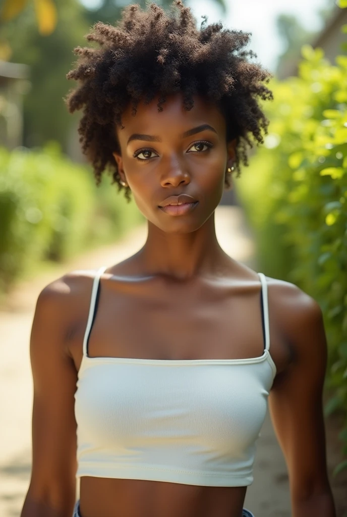 Brown woman with short, dark, curly hair, eyes with green and brown heterochromia, somewhat strong body wearing a white tank top and low-waisted denim shorts.