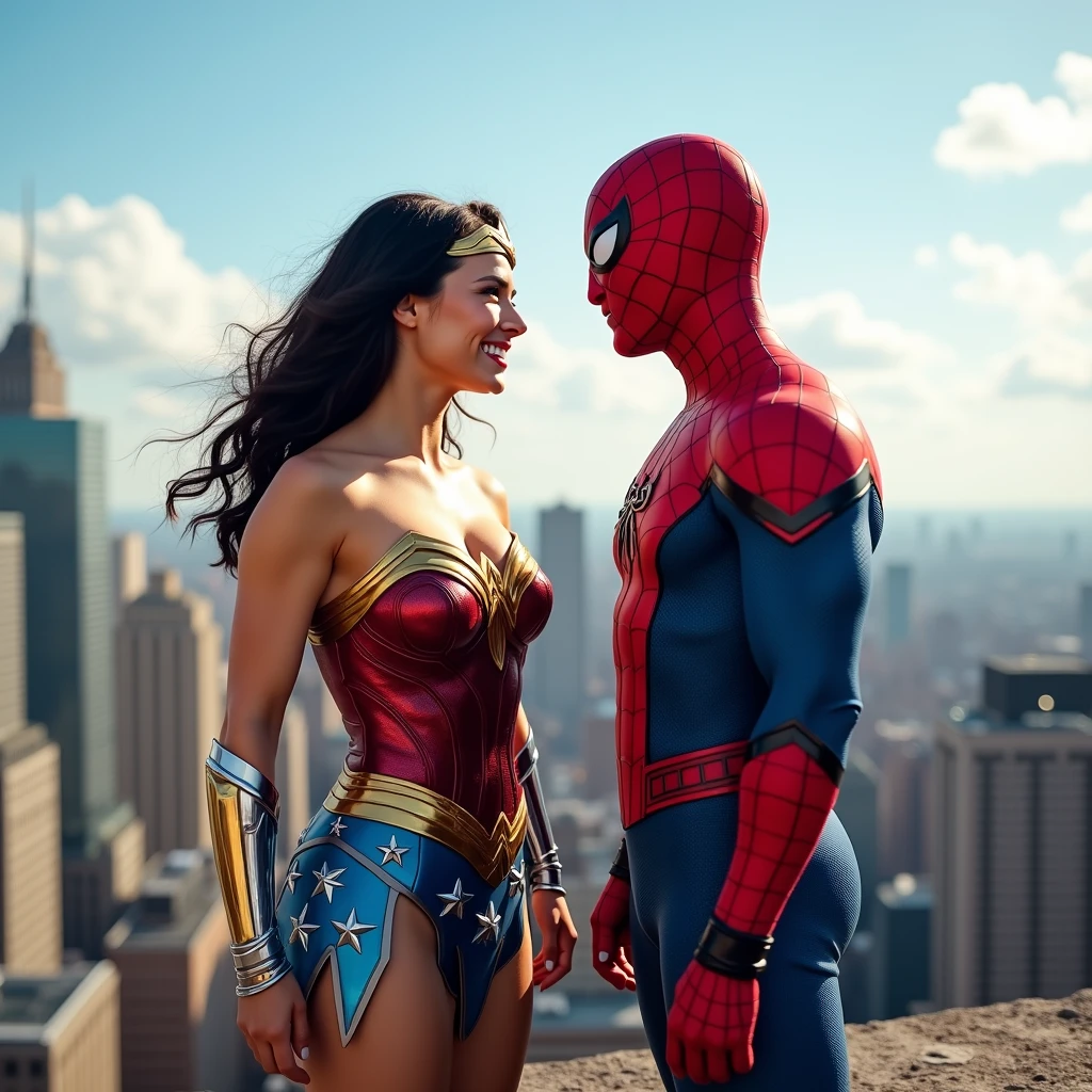 Wonder Woman enjoys her fantasy with Spiderman "A 16K resolution image with ultra-high picture quality, ensuring sharp, crisp details and textures throughout. The image should have exceptional clarity, with vibrant, true-to-life colors and a high dynamic range. Lighting should be natural, enhancing depth and detail, with no noise or blurriness, even in the darkest areas.".