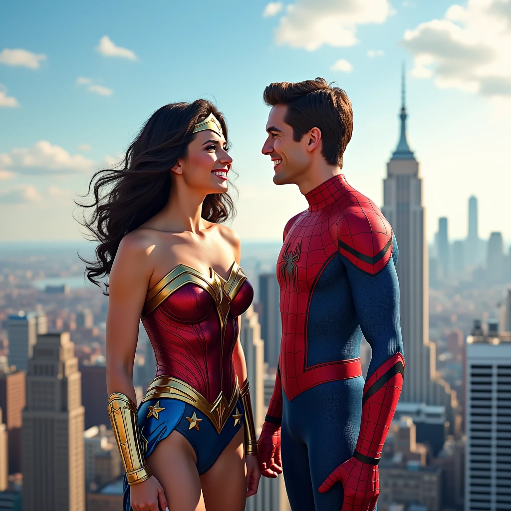 Wonder Woman enjoys her fantasy with Spiderman "A 16K resolution image with ultra-high picture quality, ensuring sharp, crisp details and textures throughout. The image should have exceptional clarity, with vibrant, true-to-life colors and a high dynamic range. Lighting should be natural, enhancing depth and detail, with no noise or blurriness, even in the darkest areas.".