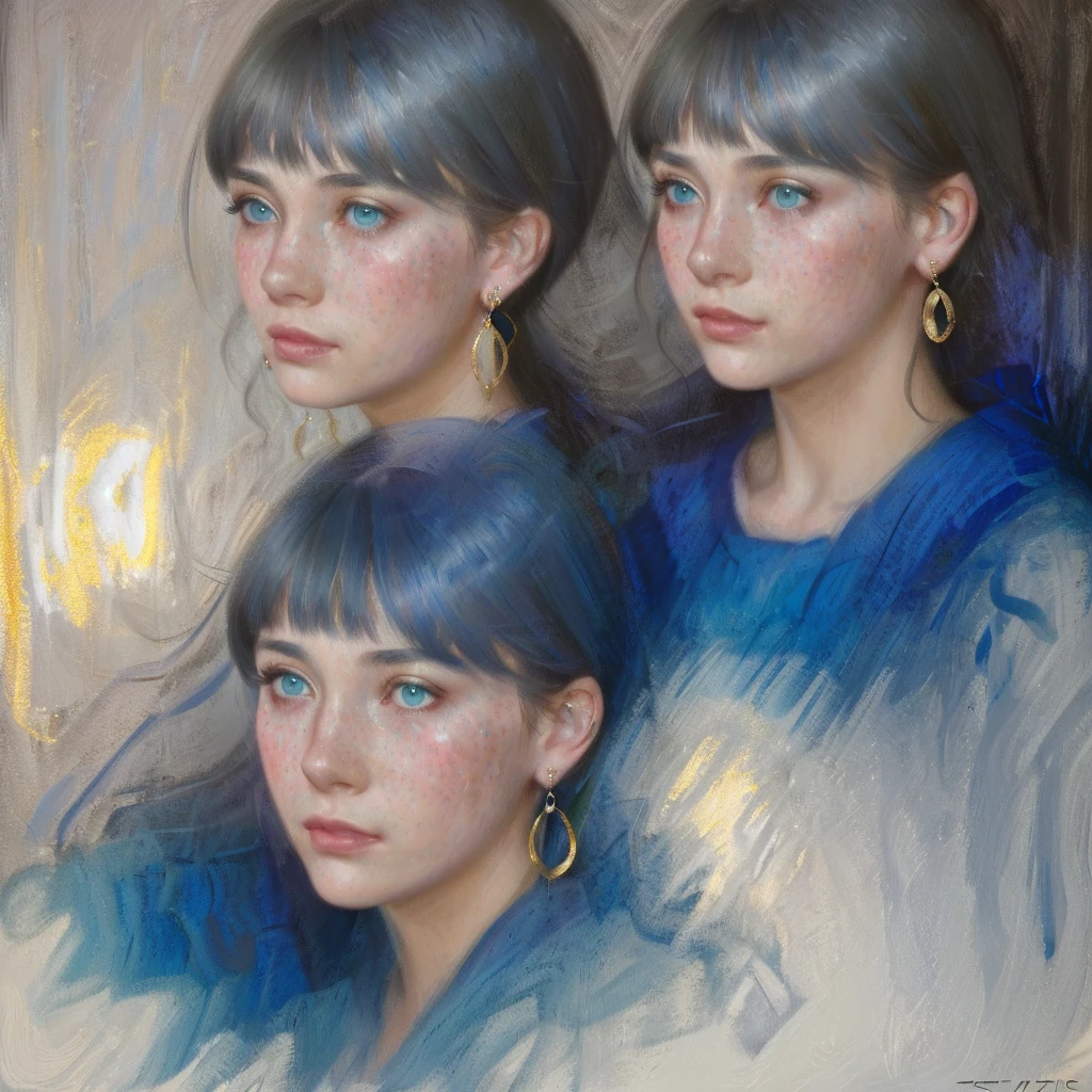 glamour shot of a young woman crying, with silvery hair, bangs, (tears) on a sad face, simmetric (blue) eyes, (freckles), juicy lips, gold earrings, beautiful lights, iper-realistic, masterpiece, cinematic lighting, best quality, anatomically perfect.