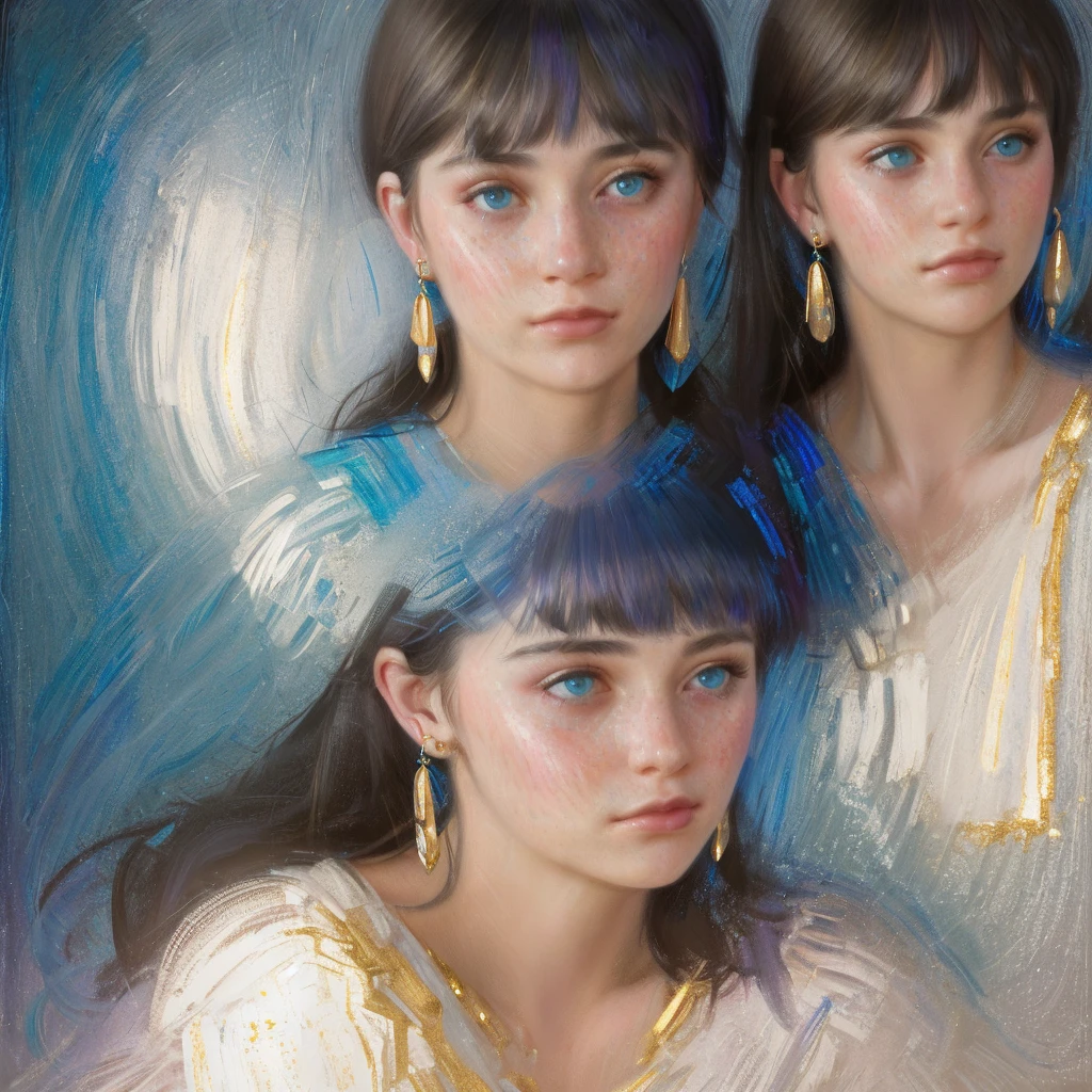 glamour shot of a young woman crying, with silvery hair, bangs, (tears) on a sad face, simmetric (blue) eyes, (freckles), juicy lips, gold earrings, beautiful lights, iper-realistic, masterpiece, cinematic lighting, best quality, anatomically perfect.