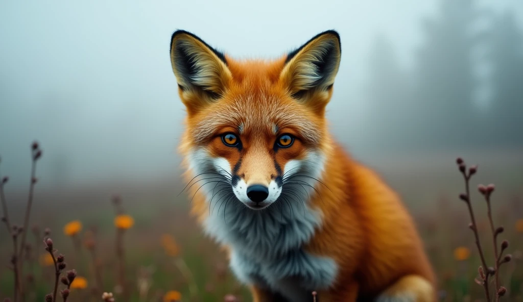 FOX WITH TEARS IN THE EYES LOOKING AT THE CAMERA WITH A LOT OF FOG IN THE BACKGROUND AND AROUND 