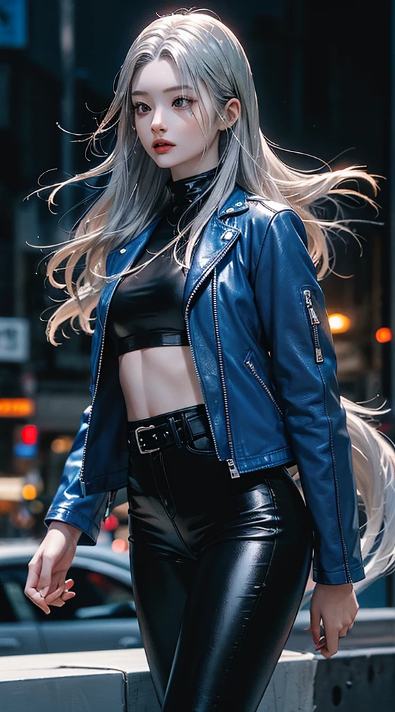 (long silver hair:1.5),Beautiful 25 year old Korean female vampire mercenary, brown skin, (Wearing a blue leather jacket and tight black pants.;1.3), Carrying a rifle, view from the front, waist shot, dynamic pose, Ambient lighting, photographic realism, Intricate facial details, Handcrafted details, very detailed, vivid colors, cinematic, high resolution, Popular styles Raw on Artstation