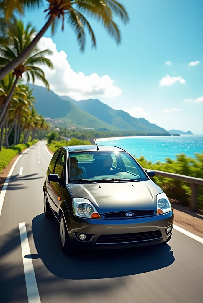Create a 2004 Brazilian Ford Fiesta Street gray Nassau on the road 