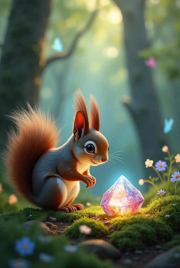 Squirrel in front of shining magical little stone