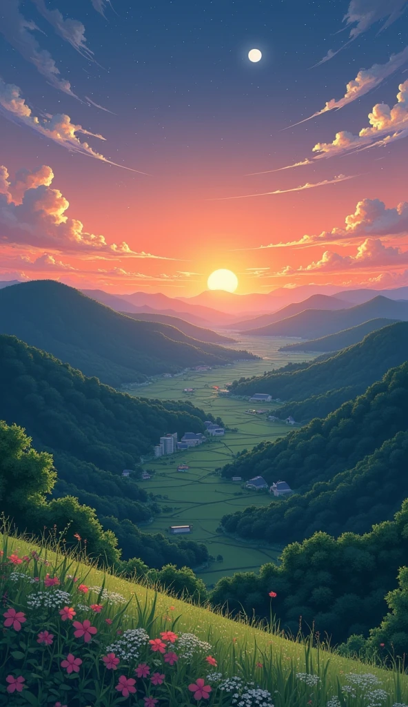 rural landscape over a valley wit? the moon in the distance at sunset in Studio Ghibli style.