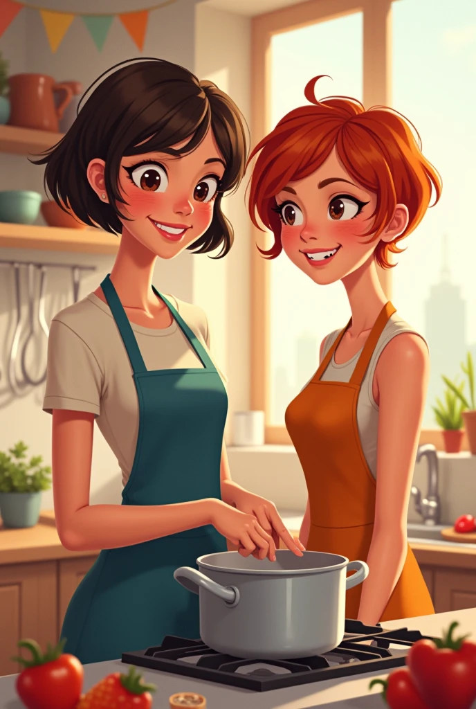 short brunette women with shorts hair and Brown eyes cooking for a redhead with shorts hair and Brown eyes skinny women in vector
animation