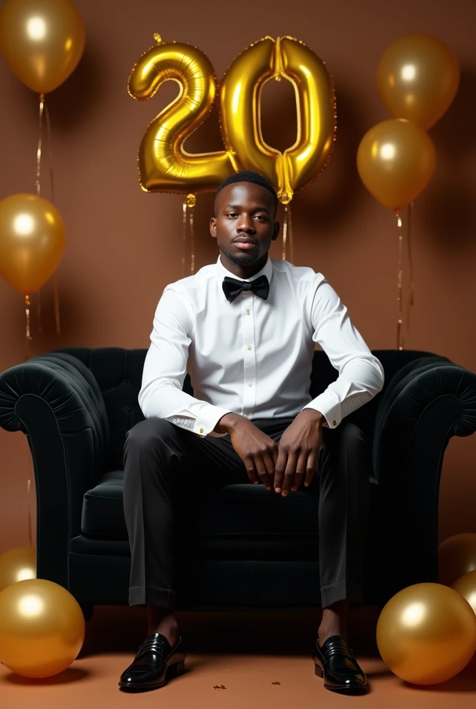 best qualityer:1.4), (ultra high resolution:1.2), (photorrealistic:1.4), (8k, CRU photo:1.2), a thin young man of 20 years old, skin black, with a smooth, beardless face, corte de cabelo buzzcurt. He is wearing a white button-down shirt. He&#39;s wearing a black bow tie. He is wearing black dress pants and black shoes.. He is sitting on the black sofa. is in a photography studio with a brown background. On the wall there are golden balloons in the shape of the number 20. There are golden balloons on the floor 