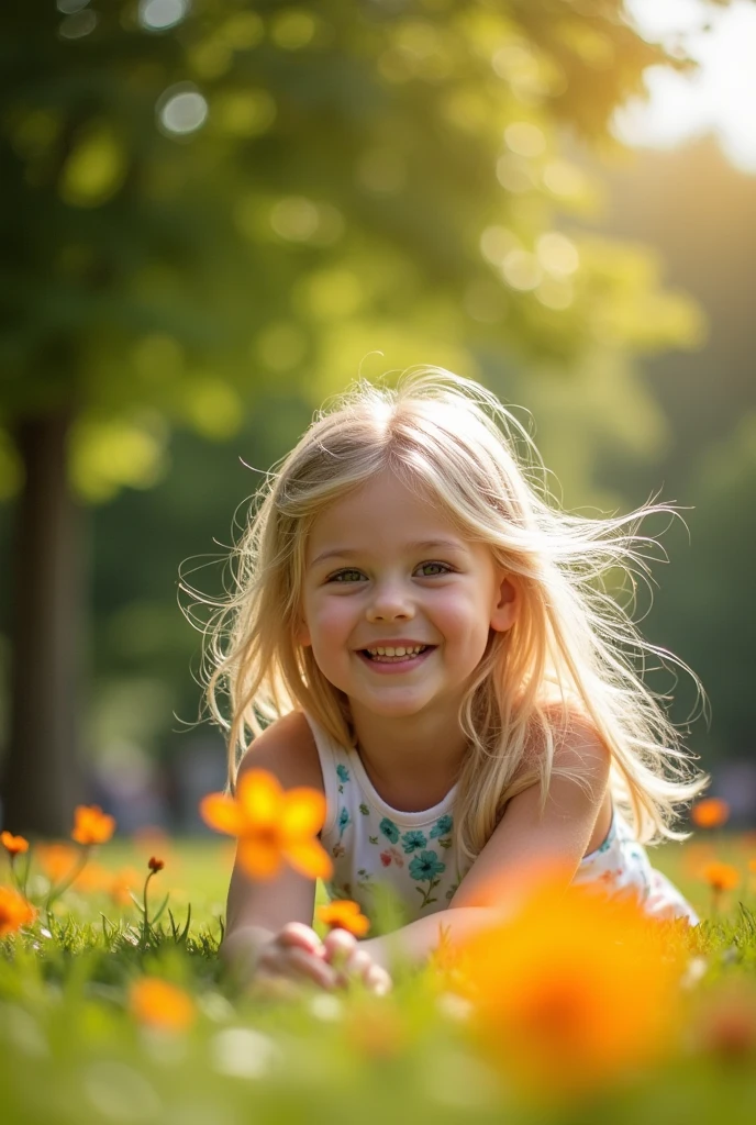   blonde, moche, prise en photo dans un parc. La photo est prise en hauteur. La fille regarde la caméra et fait une pose d'enfant. 