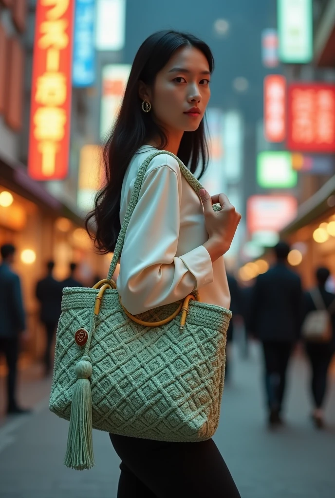 A young sophisticated woman dressed in stylish blouse holding a stylish sage green macrame handbag with a circular bamboo handle. The bag features a square knotted pattern forming diamond shapes across its body. It has a tassel detail on one side. Background is a shopping street in Tokyo. 