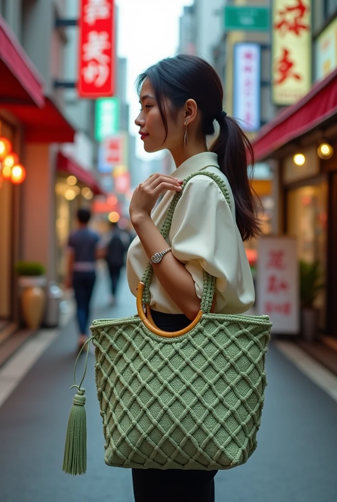 A young sophisticated woman dressed in stylish blouse holding a stylish sage green macrame handbag with a circular bamboo handle. The bag features a square knotted pattern forming diamond shapes across its body. It has a tassel detail on one side. Background is a shopping street in Tokyo.