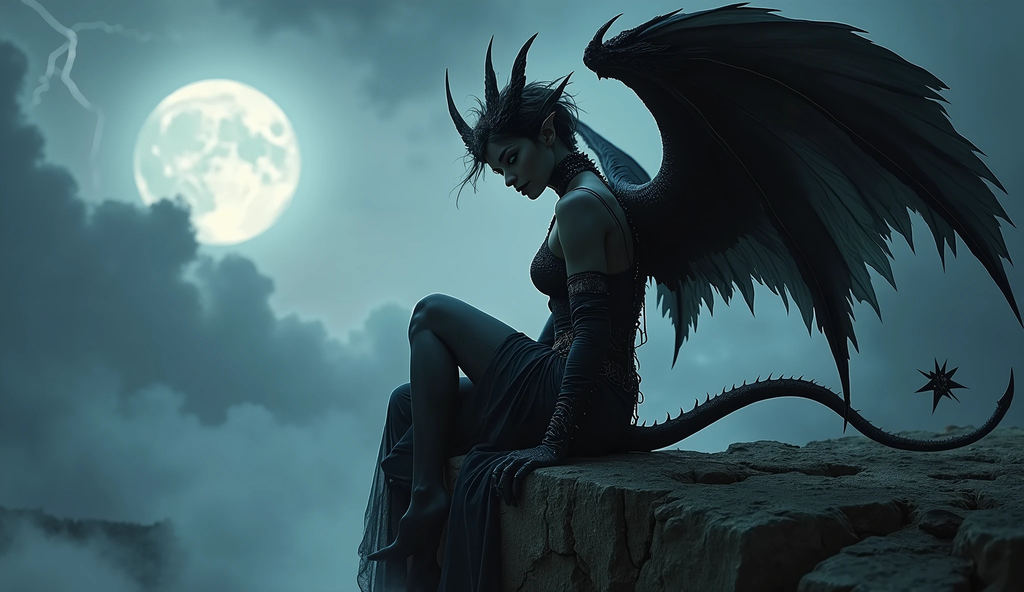 A captivating female demon with sharp, defined features and dark, feathery wings. She is perched on the edge of a cliff overlooking a stormy, moonlit landscape. Her attire is a mix of dark velvet and shimmering metal, hugging her body as she gazes intensely at the viewer. The atmosphere is thick with tension, as thunder rumbles in the distance and her presence radiates both danger and irresistible attraction. Aim for realistic depiction, make sure photos are at highest resolution (8K)