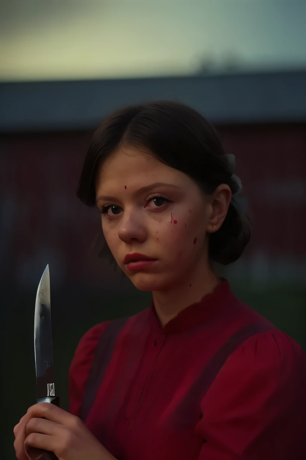 Head and sholders portrait. (Pearl from the A24 movie "Pearl", ((blood splatter droplets on her body and face )),  ((holding an knife)) , wearing a red dress), standing in a dimly lit, eerie farmhouse setting, cinematic lighting, hyper-realistic style, high detail, dramatic shadows, (shallow depth of field), (moody color grading), (sharp focus), (tense atmosphere), (vintage film grain), (portrait photography style), dark background, (masterpiece: 2), best quality, ultra highres, original, extremely detailed, perfect lighting. Farmhouse background. 
