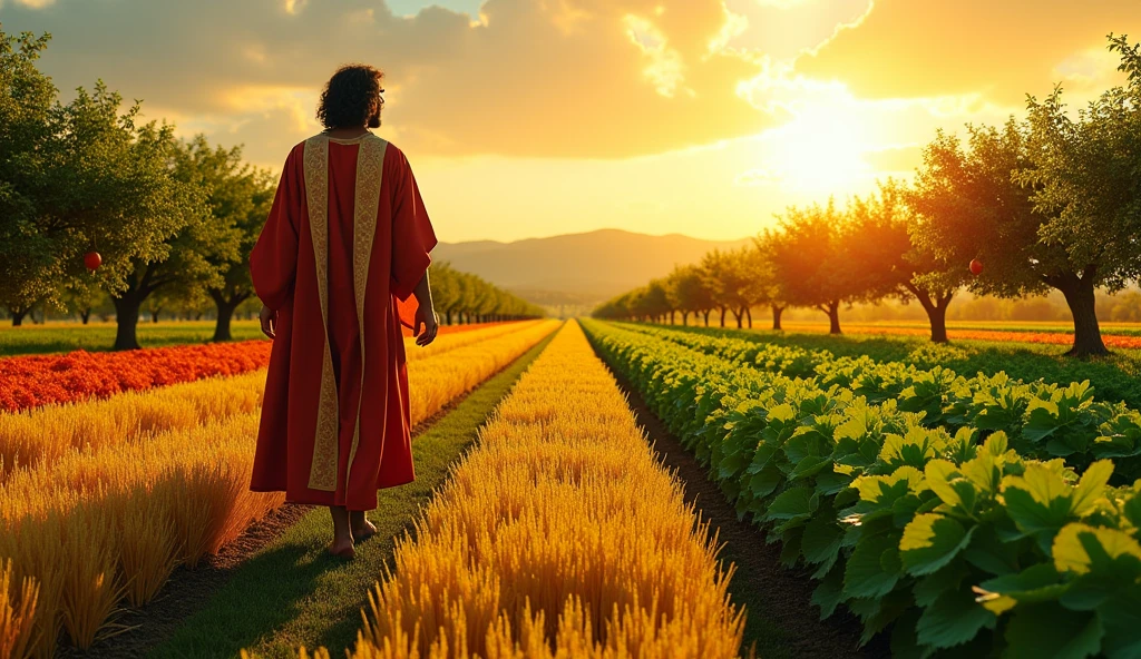 Create an image of Solomon walking in a field divided into several sections, each one grown with a different type of crop. Solomon is carefully evaluating each area, symbolizing the diversification of investments. in the sky, the sun must be shining over the entire field, representing the secure and prosperous financial future that diversification brings. In a section of the field, include fruit trees in full growth, symbolizing the positive results of a well-planned investment.