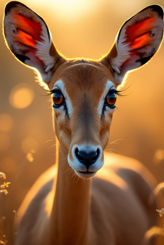 Extreme close-up of a gazelle's eyes. Inside these eyes is a reflection of sunlight.
