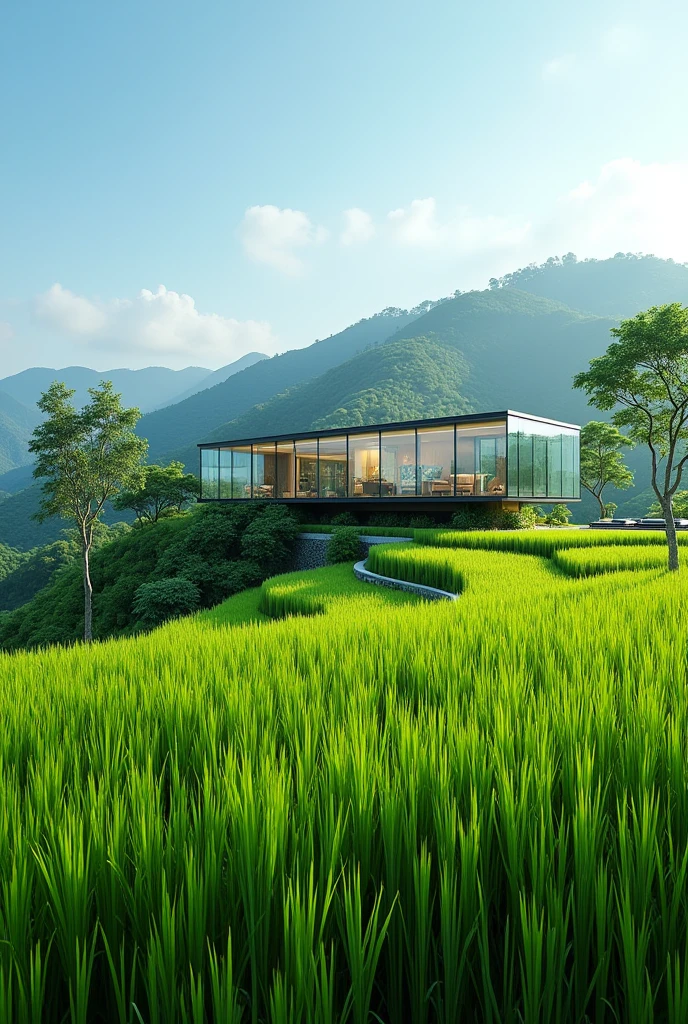 Rice terraces, green architecture, building, concept, glass house
