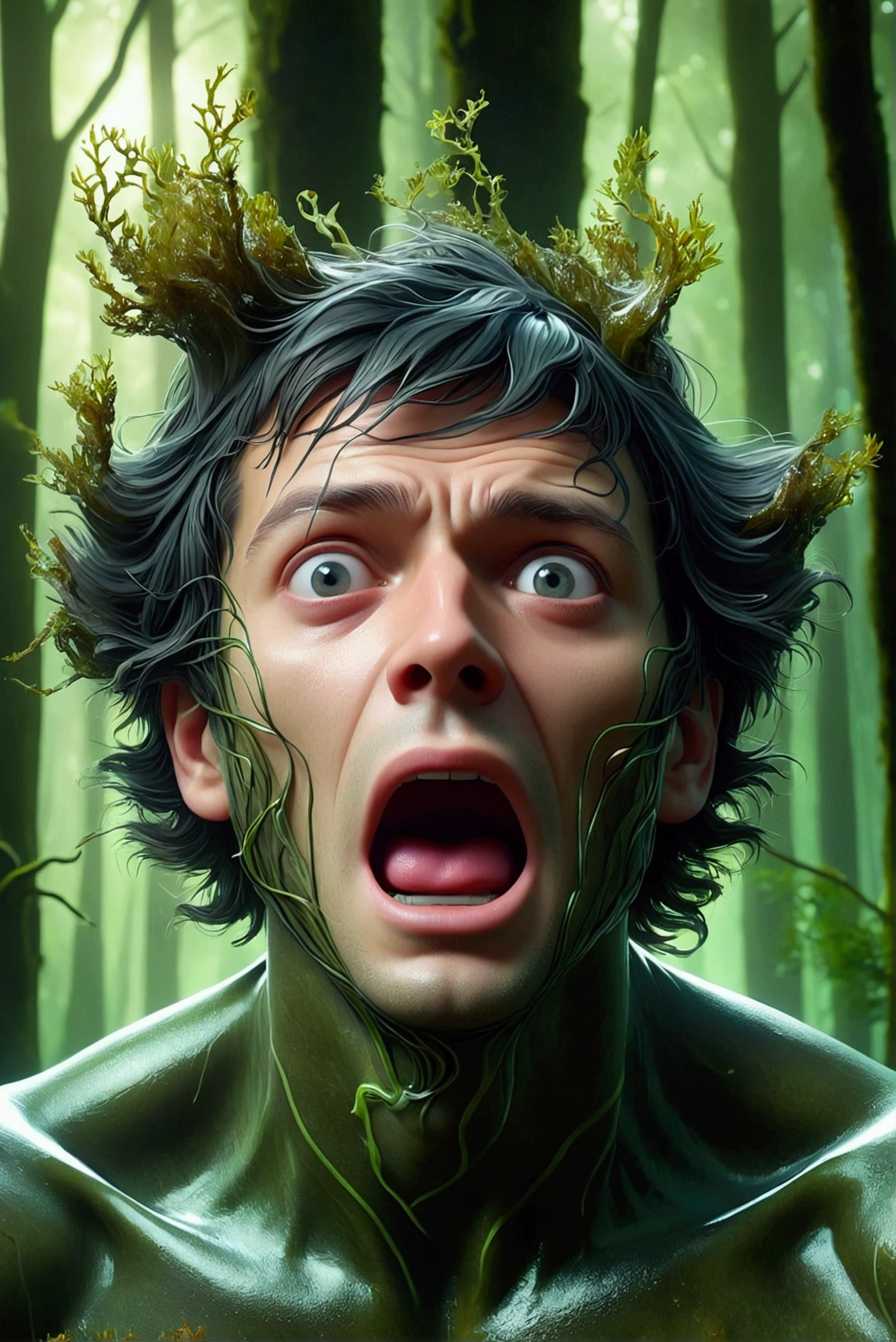 A super high-resolution 3D image of a man with an extremely horrified expression as the seaweed appears to grow inside him, wrapping around his veins and taking control of his body. His face shows clear signs of fear and despair.in the forest,darck,Green light