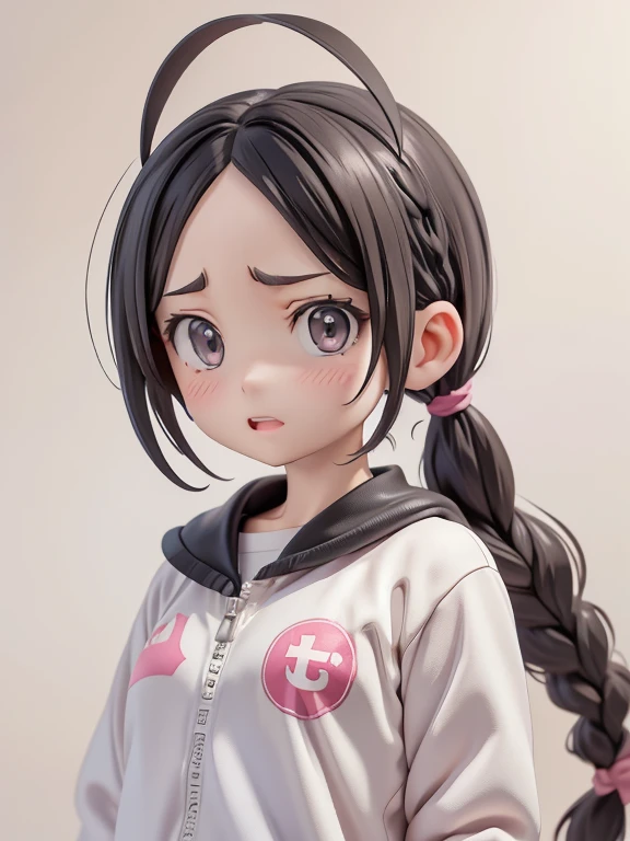 Girl、Primary school students、small、Angry、Screaming、sharp、Black Hair,、Pigtails、Braid、The forehead is visible、Forehead、Jersey、Tracksuits、Clothing patterns、Clothing Design、The front is open、whole body、
