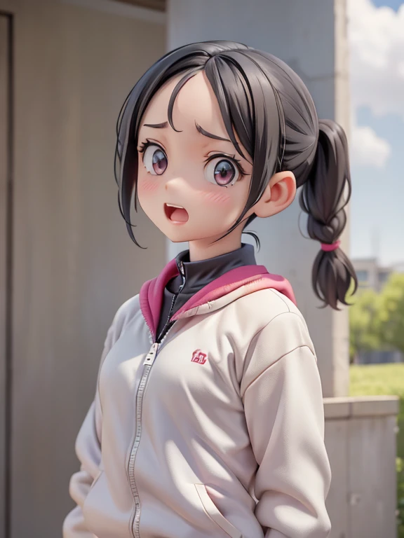 Girl、Primary school students、small、Angry、Screaming、sharp、Black Hair,、Pigtails、Braid、The forehead is visible、Forehead、Jersey、Tracksuits、Clothing patterns、Clothing Design、The front is open、whole body、
